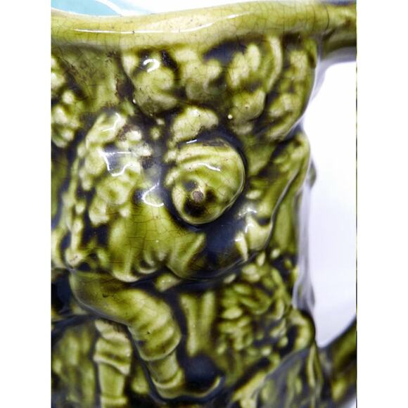 French Antique Majolica Pitcher Sarreguemines Green Turquoise Relief Scene Jug - Picture 6 of 10